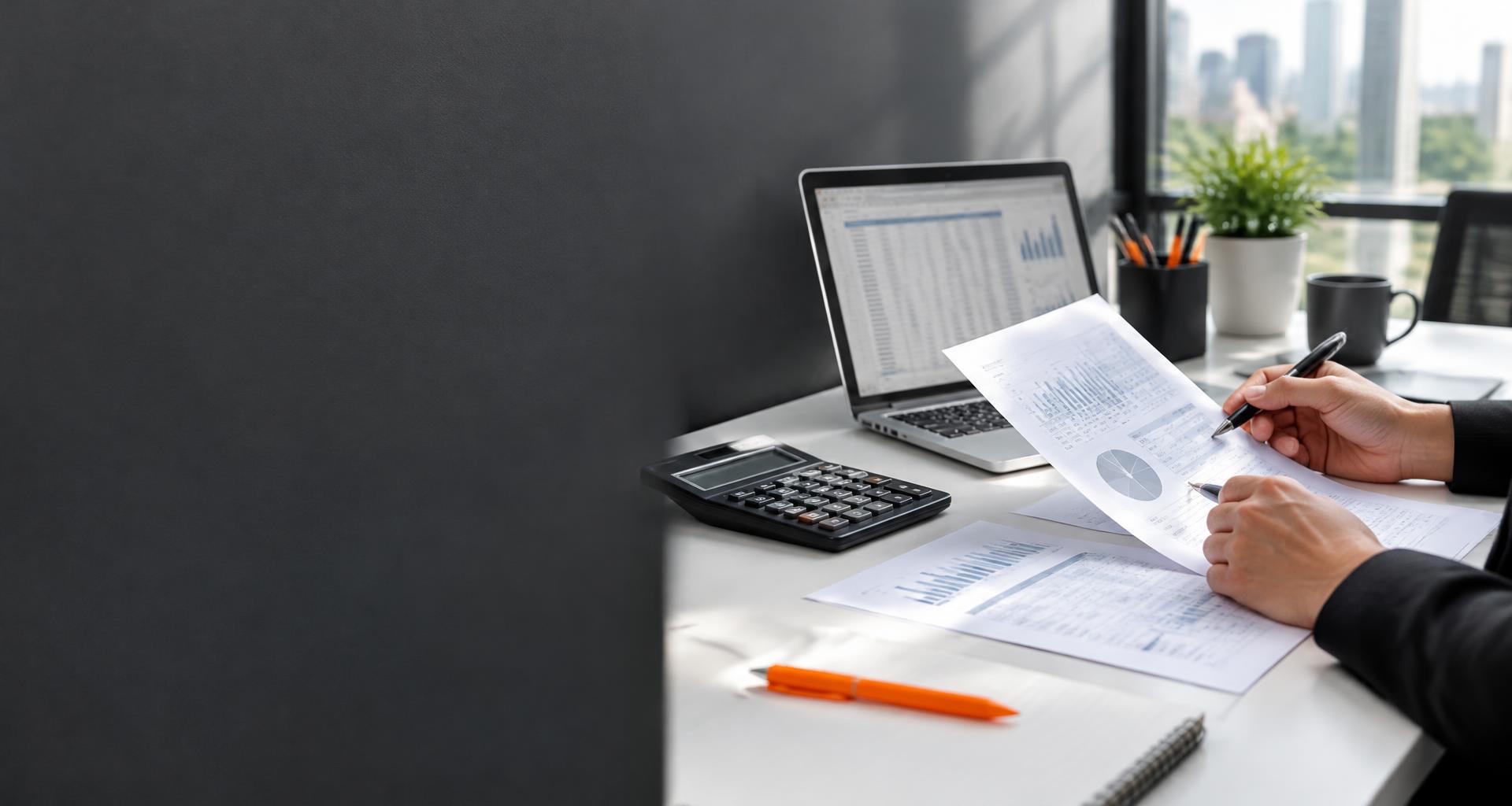 Documentos, calculadora e computador em uma mesa de trabalho contábil